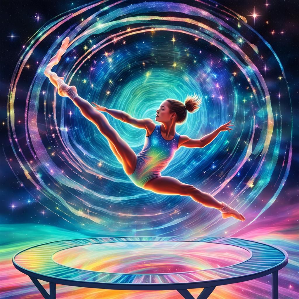 Gymnast's Cosmic Somersault in Mixed Media Illustration