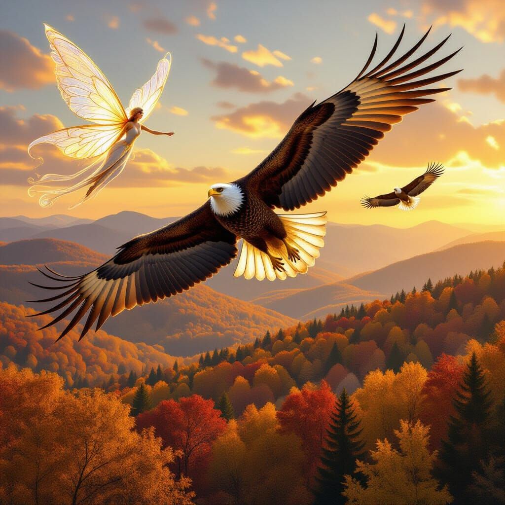 Golden Eagles Soar Over Autumn Forest with Fairy