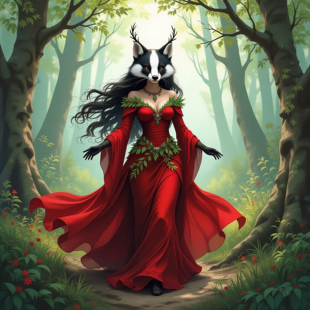 Badger Goddess in Mystical Forest, Fantasy Art