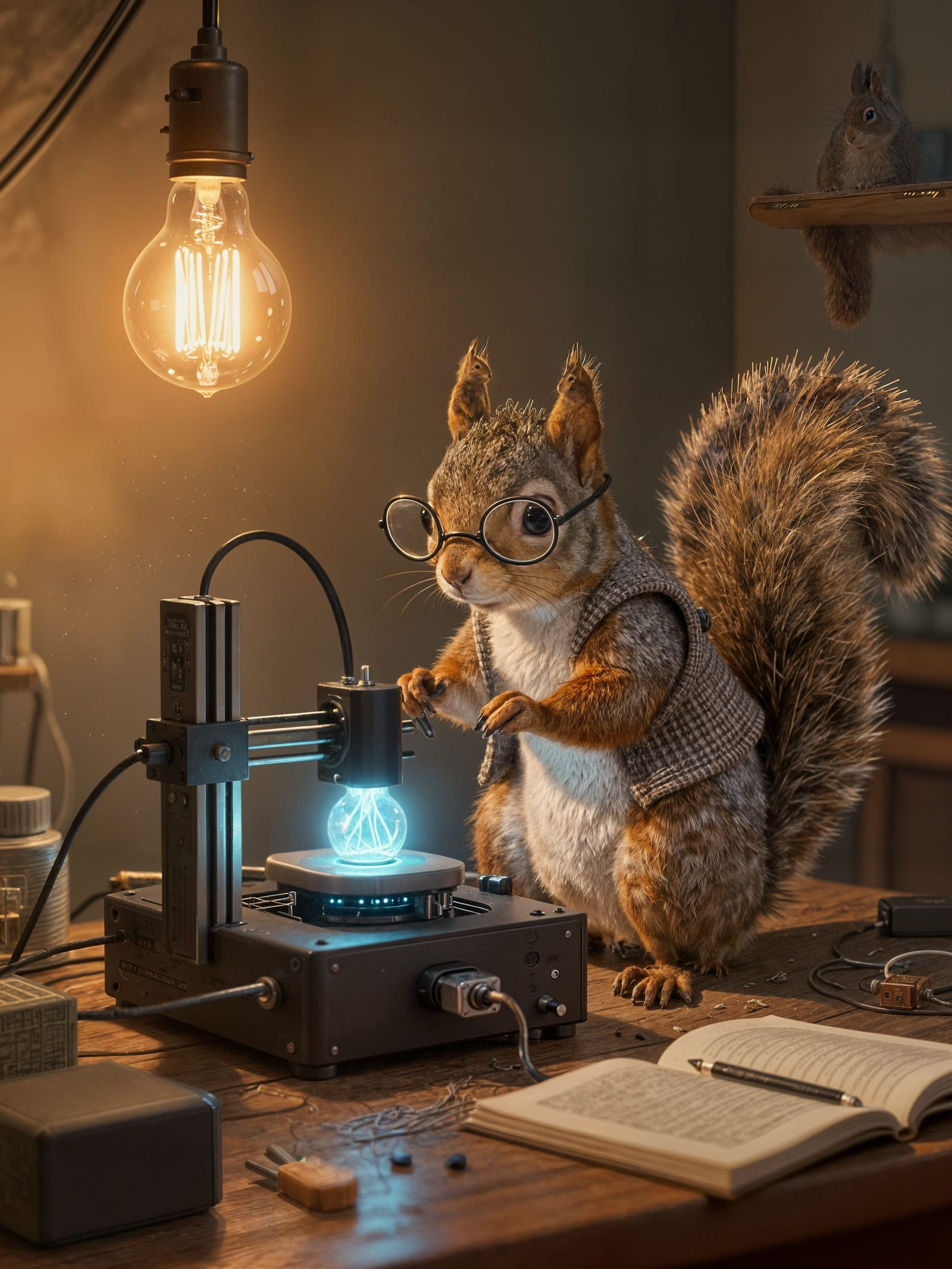 Whimsical Squirrel Tinkers with 3D Printer in Workshop