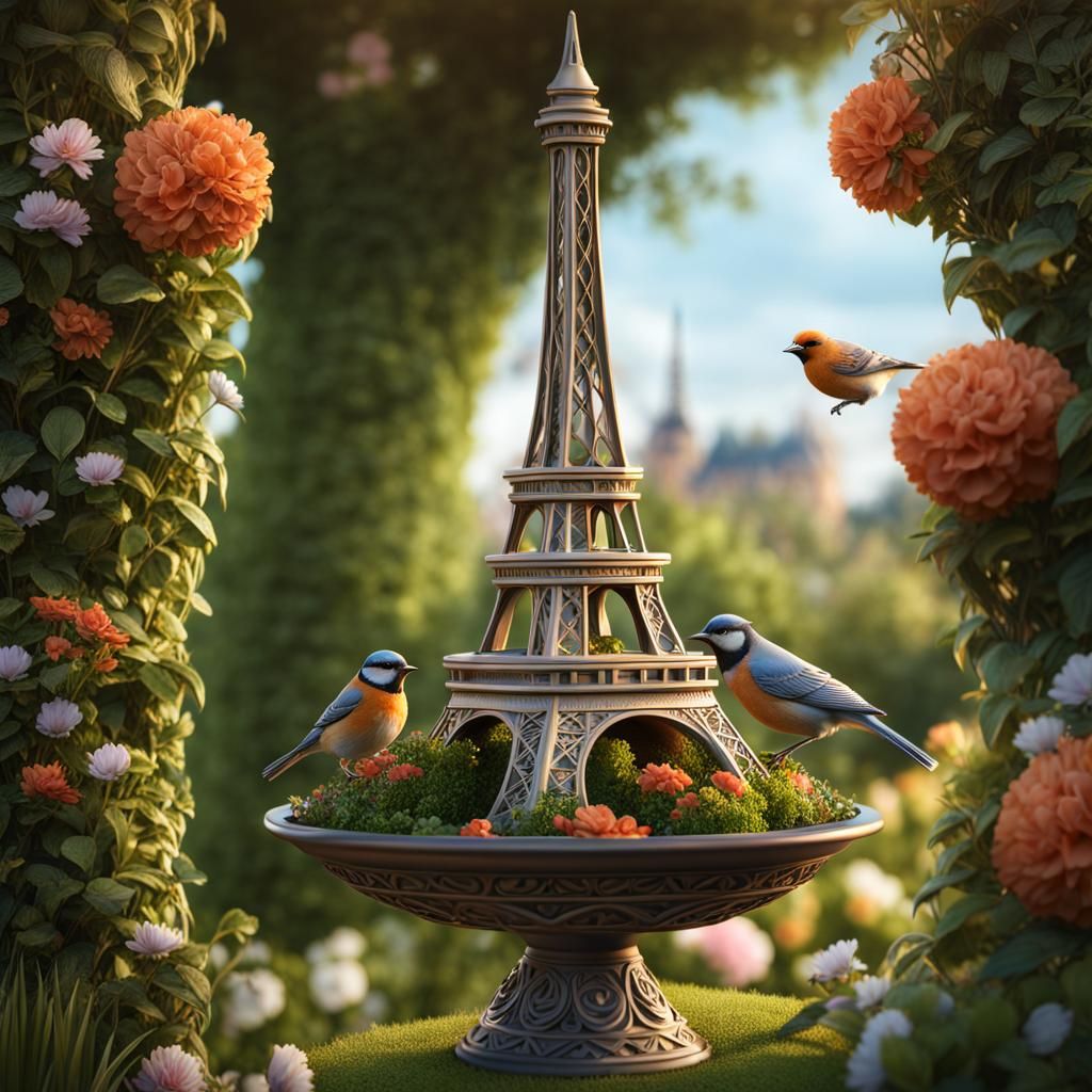 A cute Eiffel Tower bird feeder made out of clay.