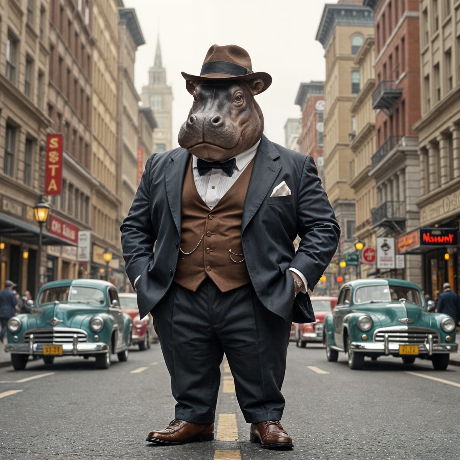 Hippo in 1950s Suit on City Street in Retro Style