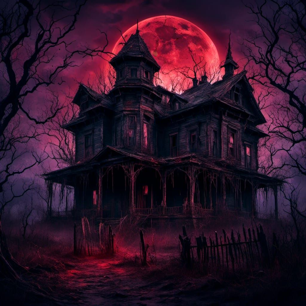 Creepy House Under Blood Moon: Dark Fantasy Art