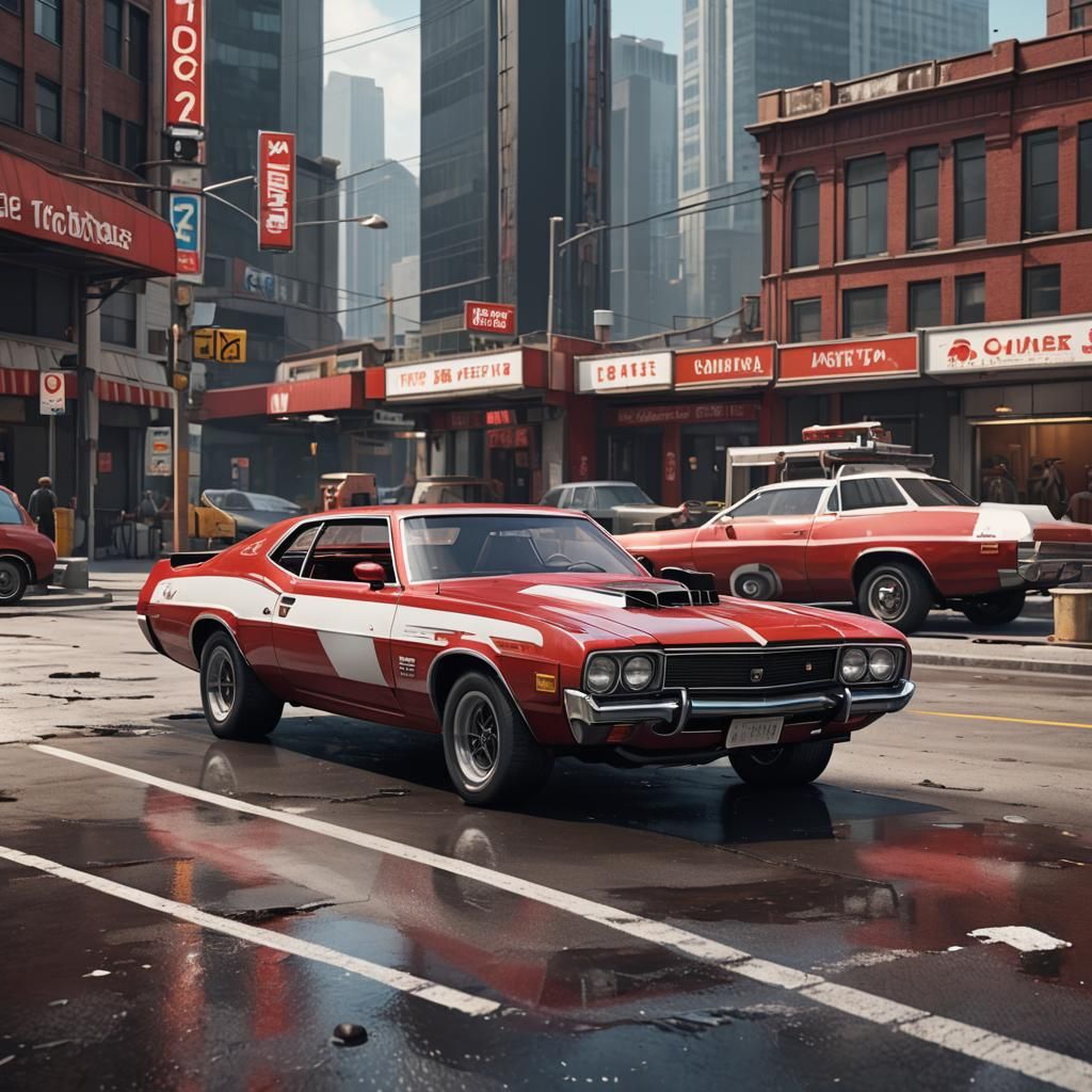 Red Gran Torino, with white stripes, Starsky and Hutch intricate mech details, ground level shot, 8K resolution, Cinema ...