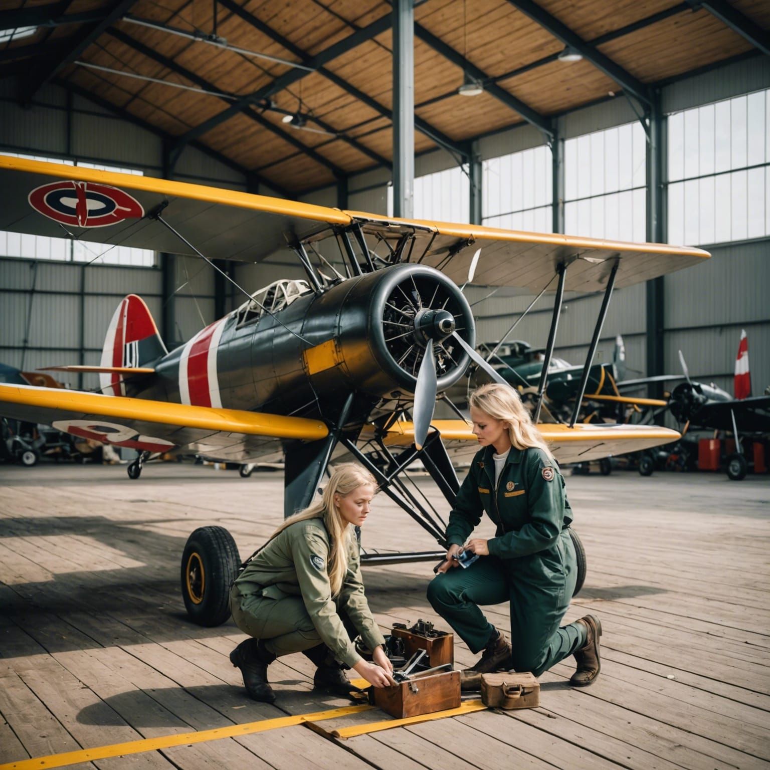 Mechanic Repairs Biplane Engine at German Airfield