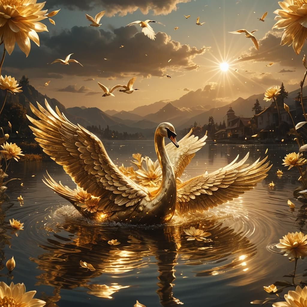 Golden Swan Soaring from Luminous Waters