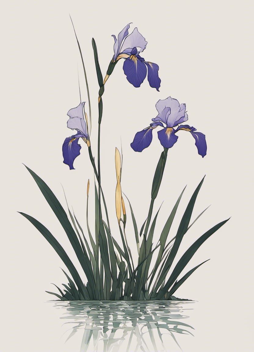 A Japanese Iris on an island in the middle of a lake - Ippitsugaki Japanese calligraphy art Line Painting