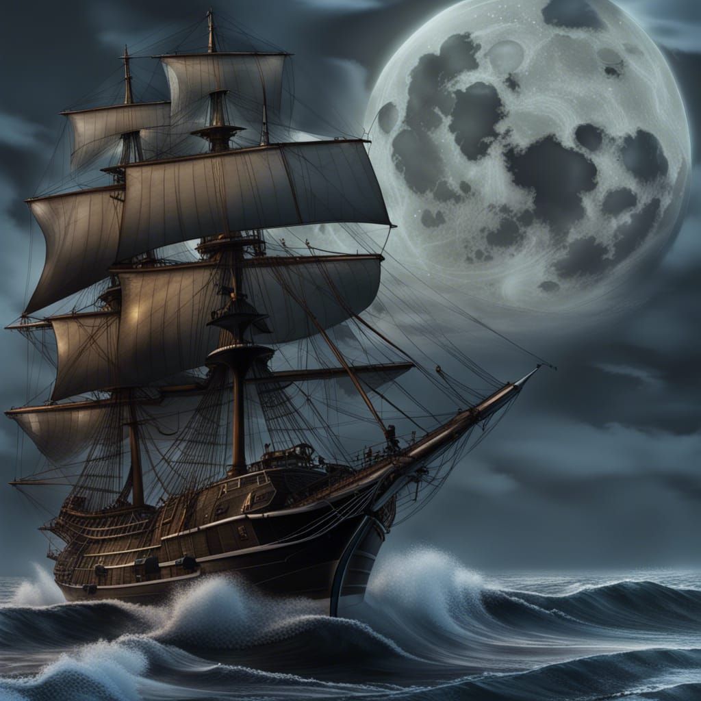 Realistic Corsair Ship Under Full Moon