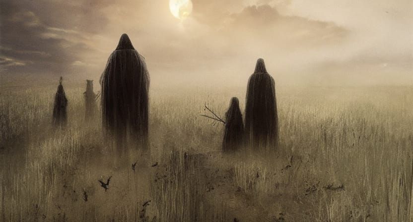 Sinister Haunted Cornfields at Dawn by Scarecrows