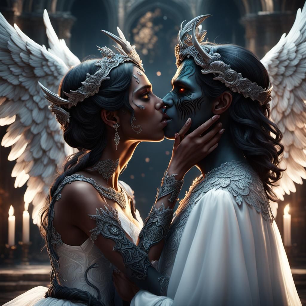 Angelic Demon Wedding Kiss: Detailed Fantasy Art