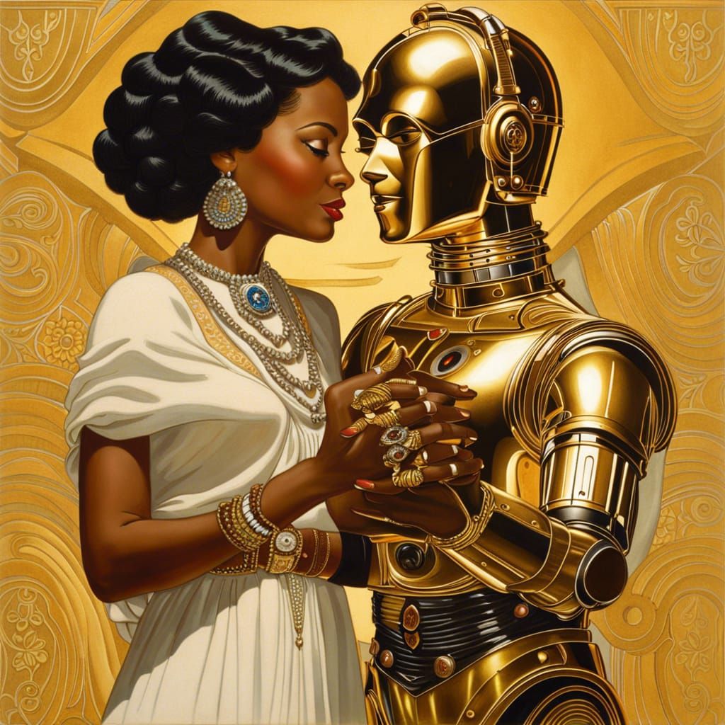 Black Woman and C-3PO in Rockwell Style