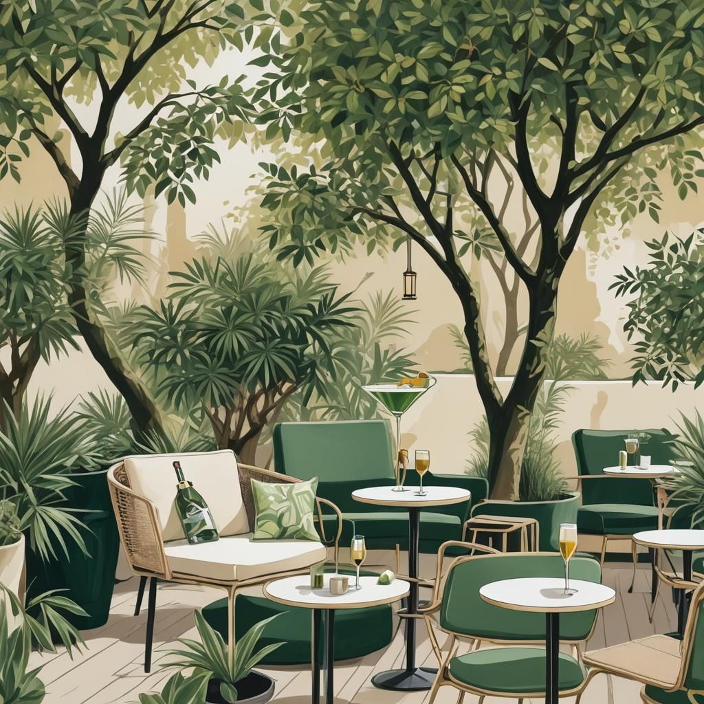 Chic Outdoor Terrace with Exotic Plants and Mural