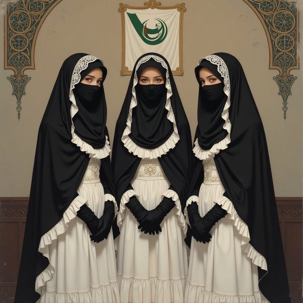 Islamic Maidens in Ruffled Niqabs in Art Nouveau Style