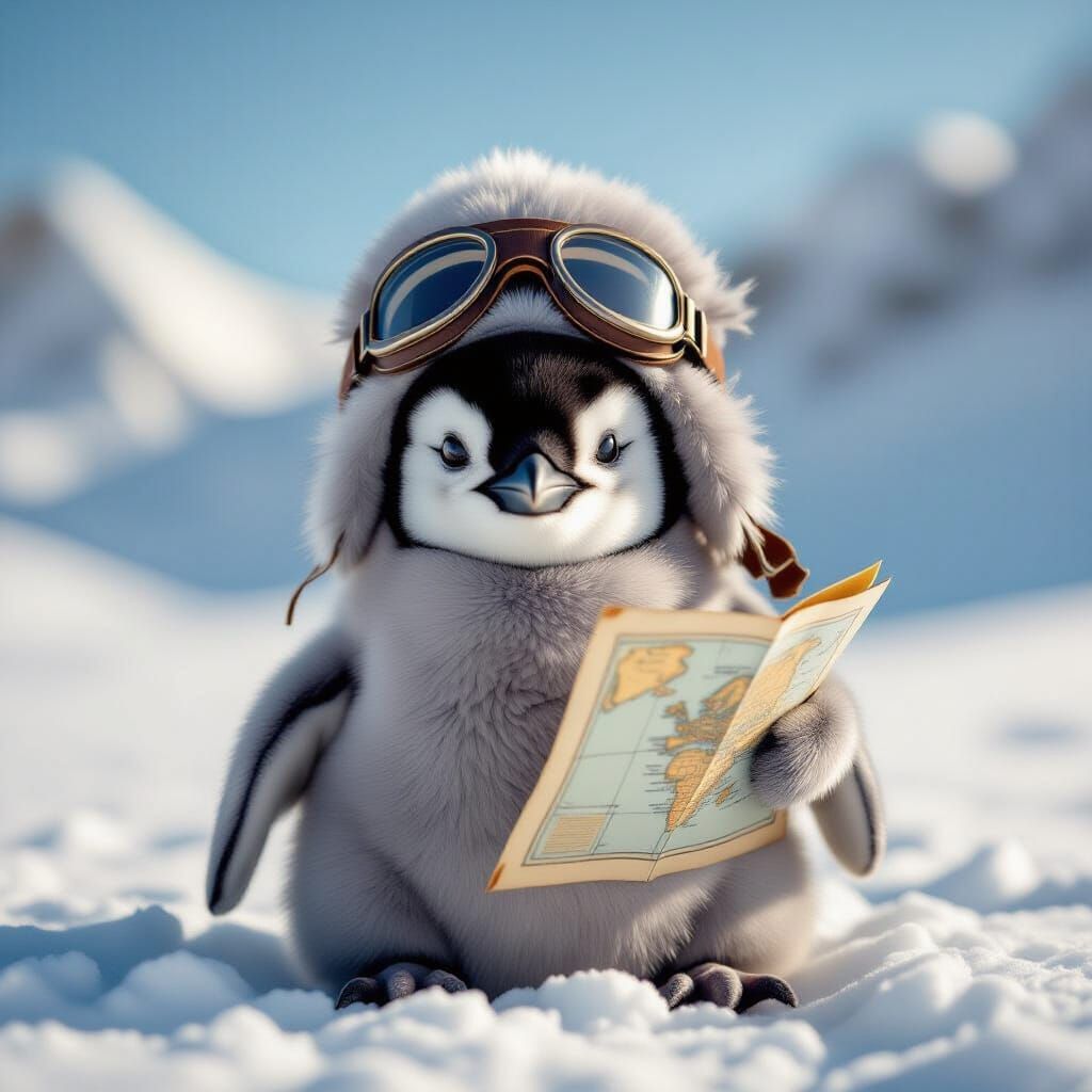 Penguin Aviator Discovering Snowy Landscape in Cinematic Pho...