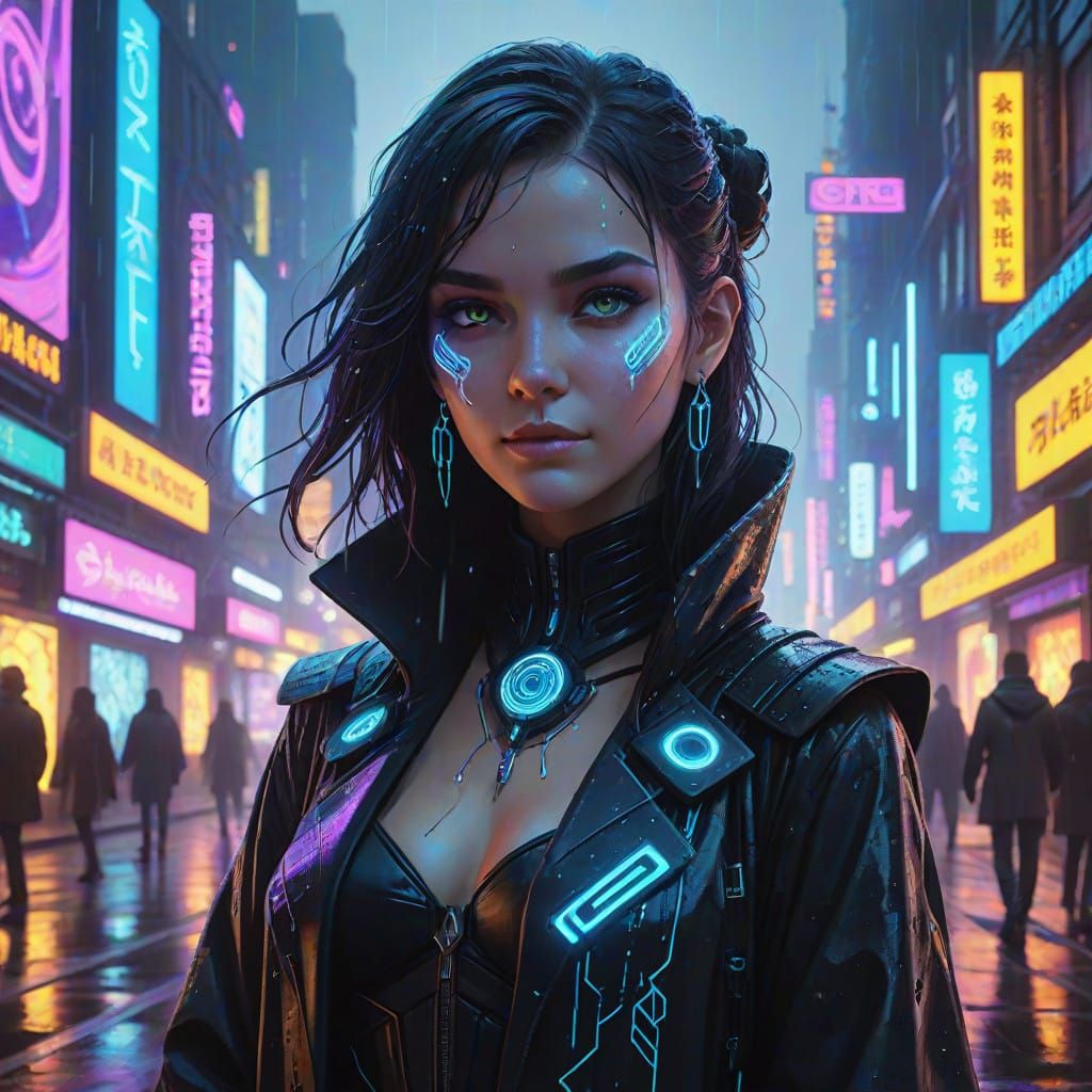 Mystical Sorceress Dominates Cyberpunk Metropolis
