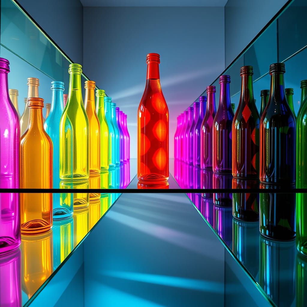 Kaleidoscopic Glass Bottles on Shelves in Origami Style