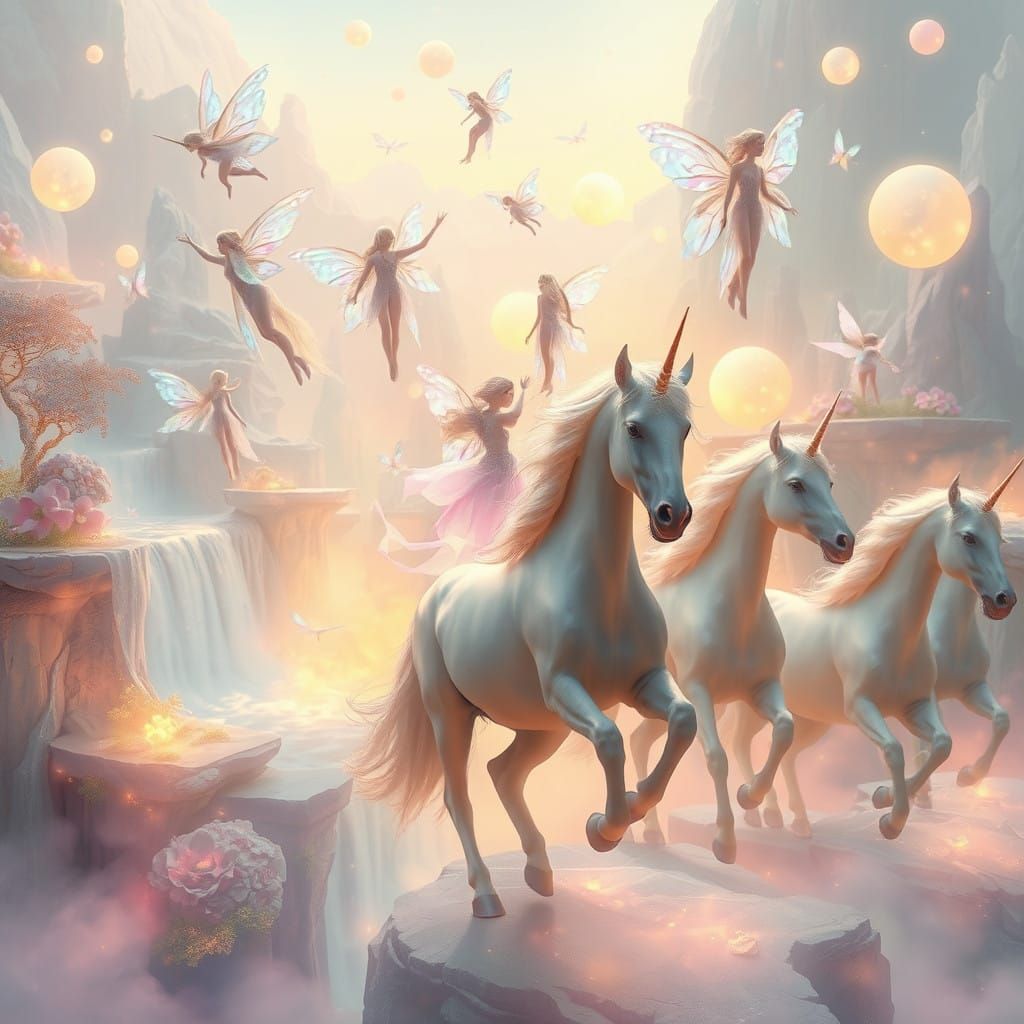 Ethereal Dreamscapes with Fairies and Unicorns in Soft Golde...