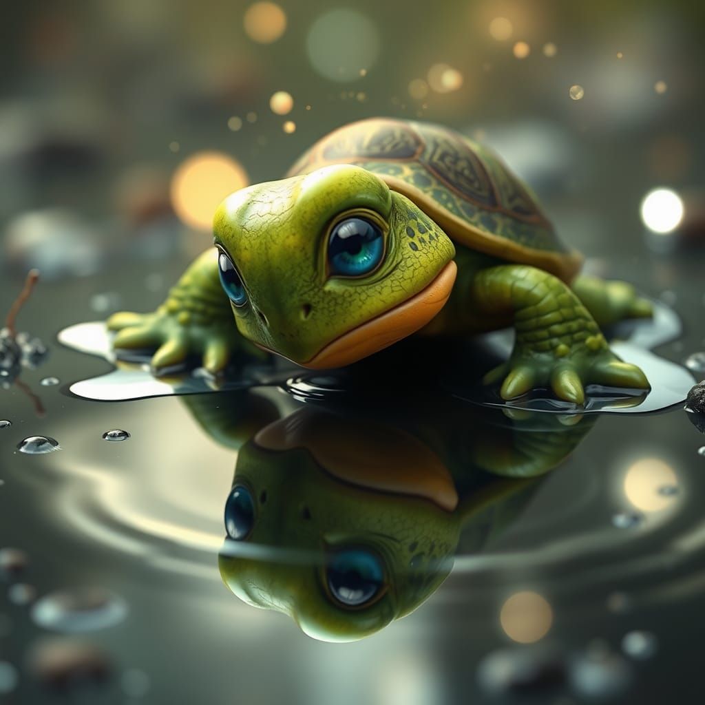 Cute Turtle Gazing at Reflection in Matte Painting