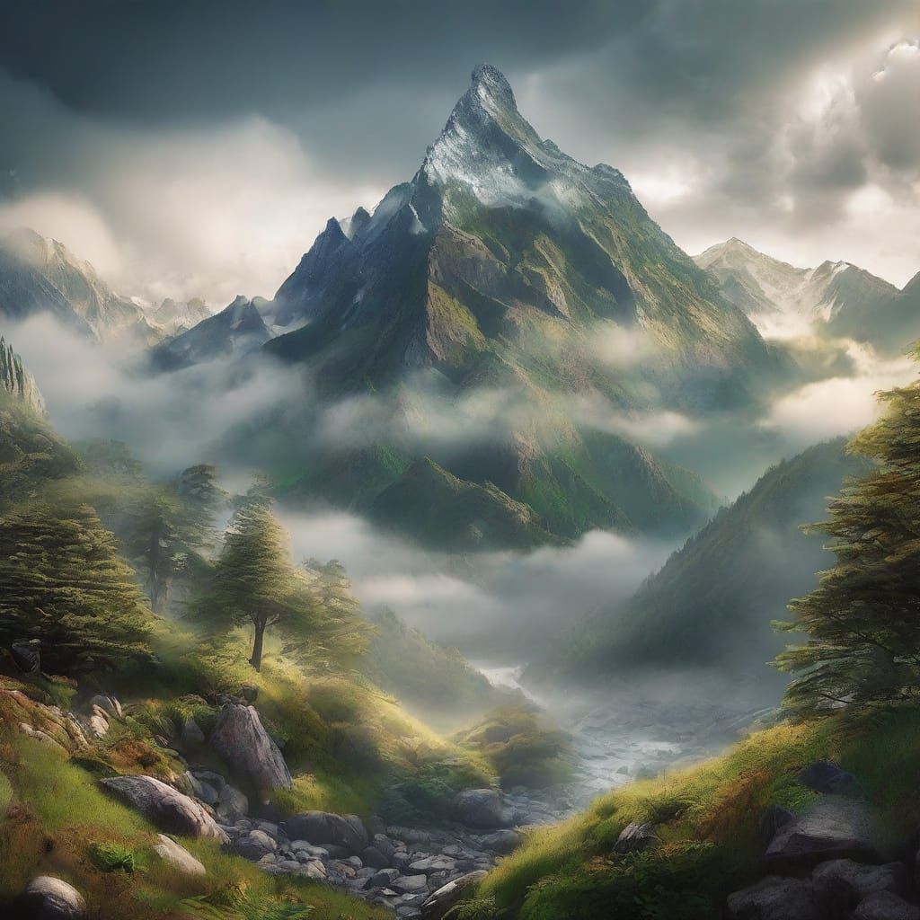 Hyper-Realistic Mountain Landscape with Lush Foliage and Mis...