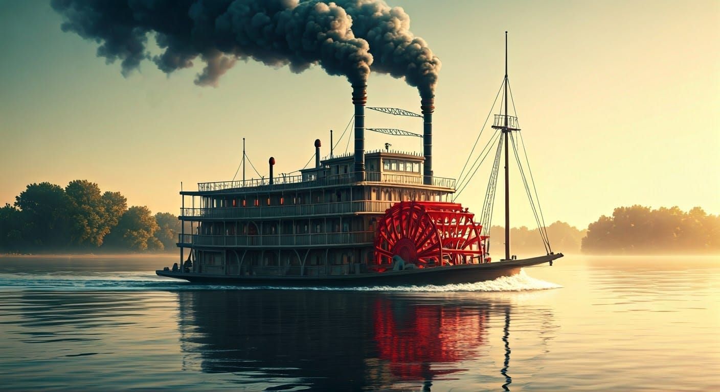 Majestic Steamboat with Red Paddlewheel in Early Morning Lig...