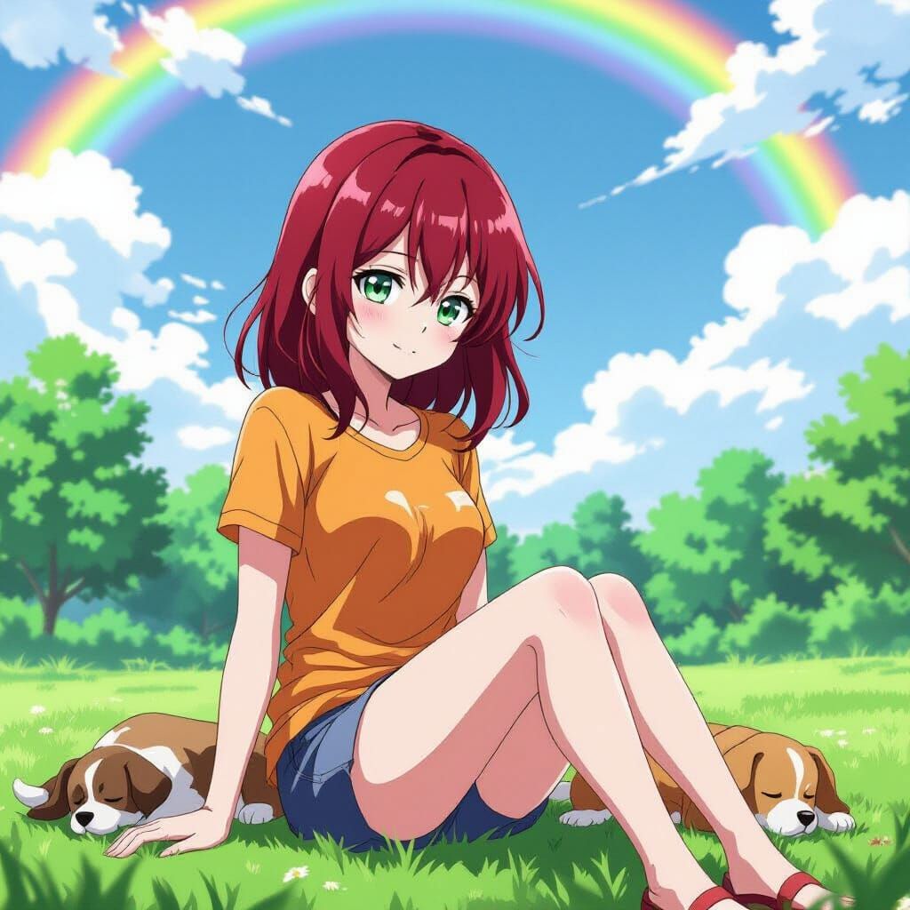 Anime Woman in Park with Puppy, Cel-Shaded Style
