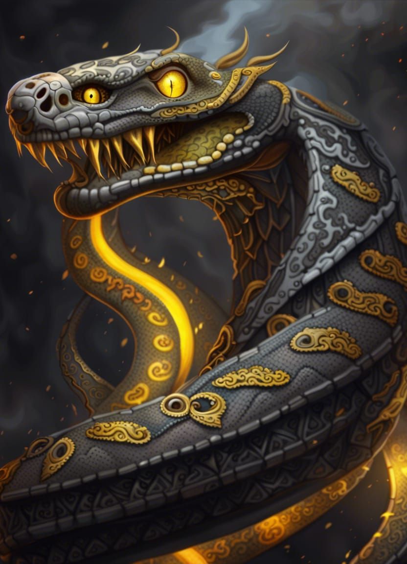 Steampunk Snake in Fantasy Storm, Ornate Detail