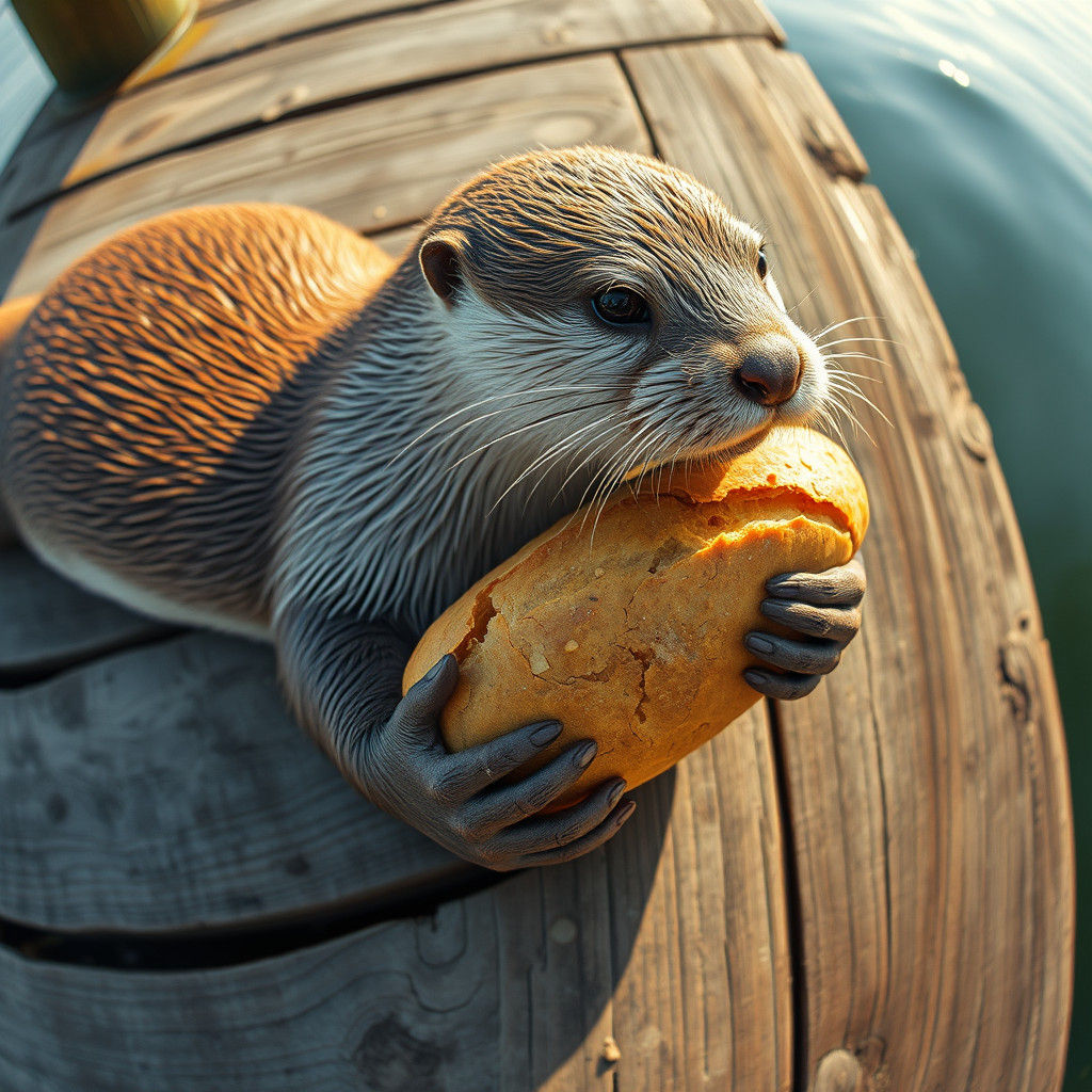 Photorealistic Otter with Bread on Dock