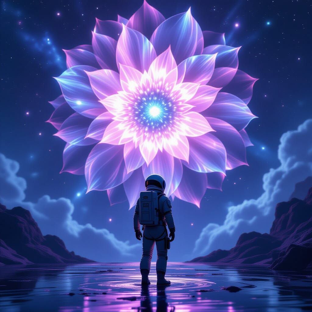 Astronaut Adrift Near Cosmic Flower Space Station