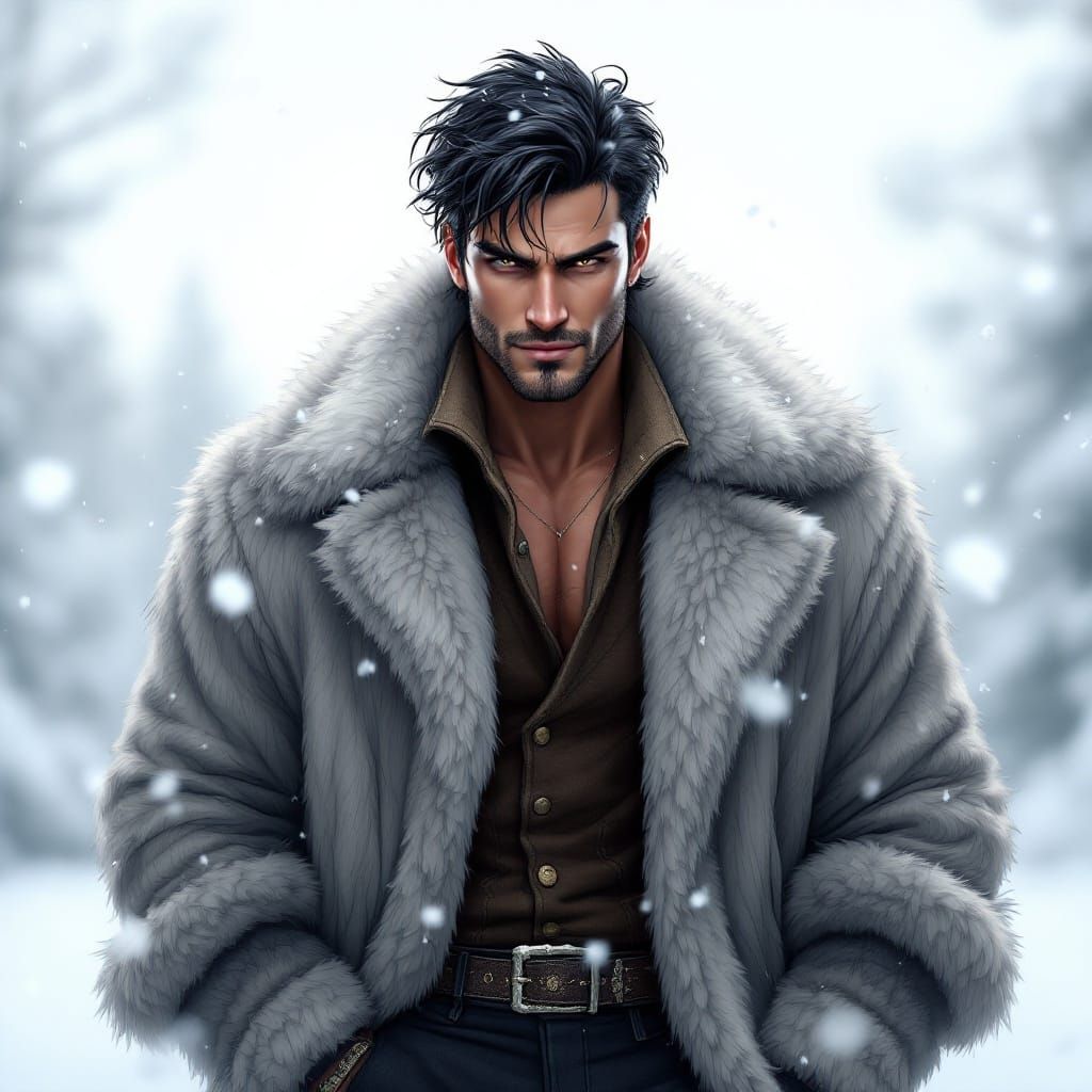 A virile anime guy in winter