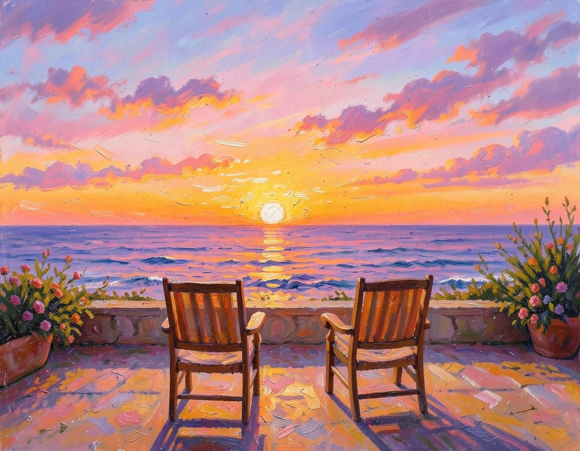 Impressionist Sunset Over Ocean Terrace with Chairs