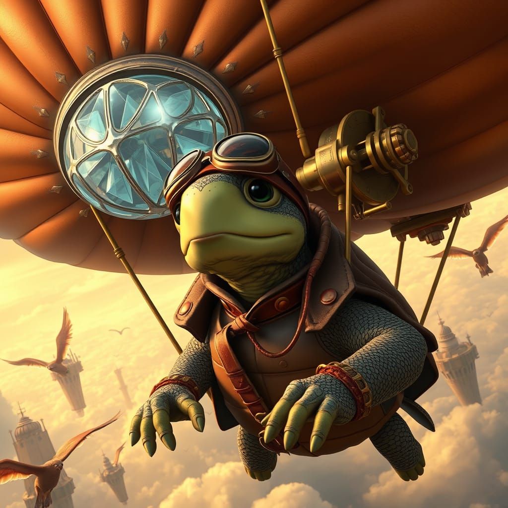 Steampunk Turtle Zeppelin Adventure in Miyazaki Style