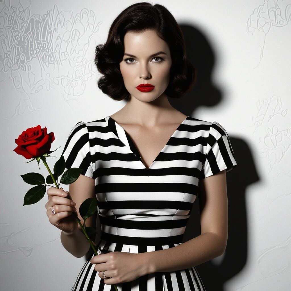 Woman in Striped Dress with Red Rose, Cinematic Moody Atmosp...
