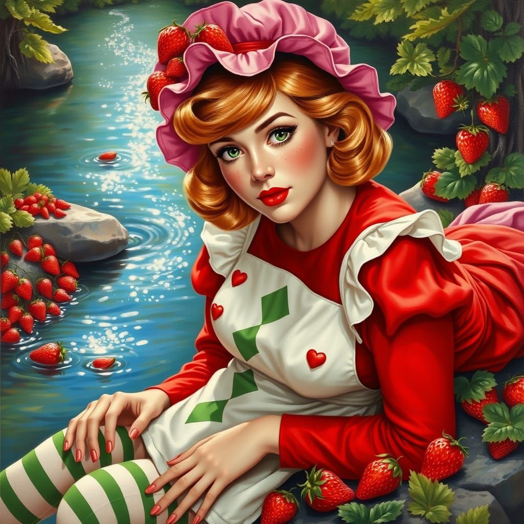 Vintage Pin-Up Girl in Strawberry Blonde Hair with Red Dress...