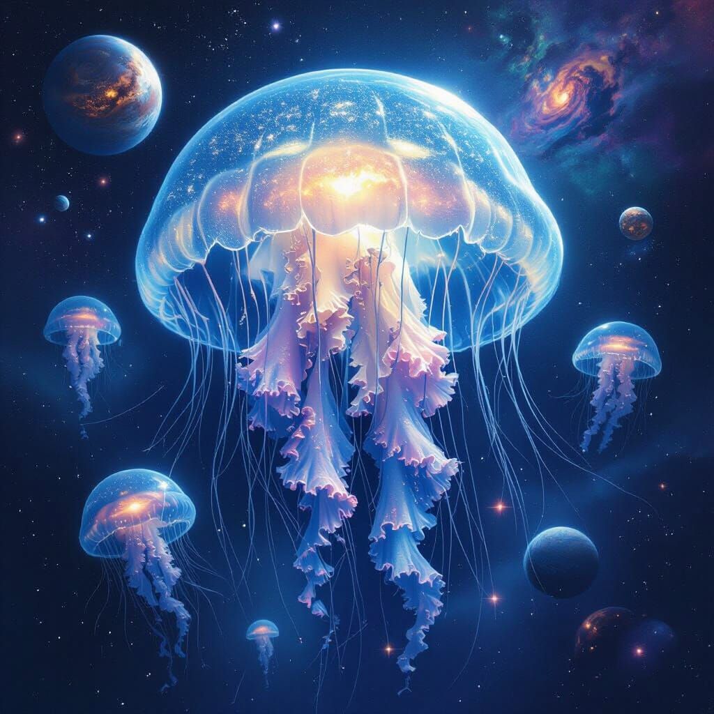 Bioluminescent Jellyfish Drifting Through the Cosmos