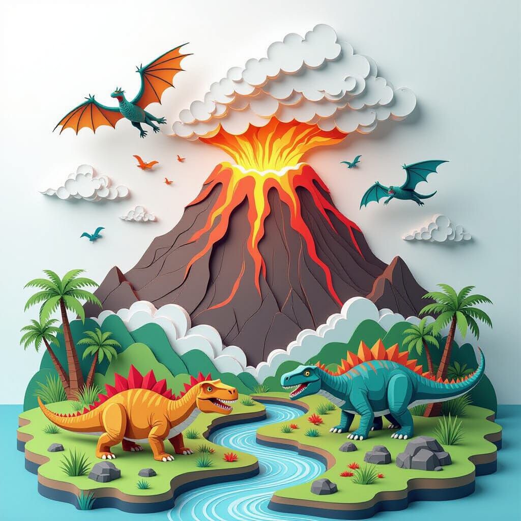 Volcano and Dinosaurs in 3D Laser Cut Paper Style
