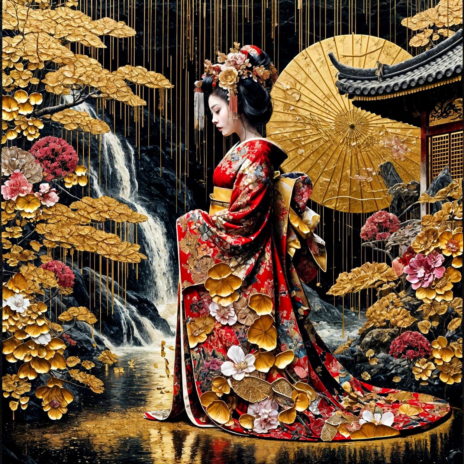 Geisha in Rain: Maximalist Collage with Kintsugi Texture