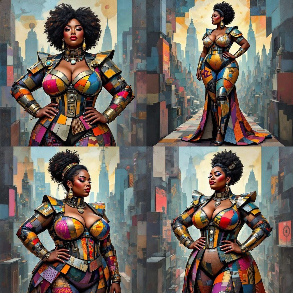 Resilient Afrofuturist Woman in Cubist Cityscape