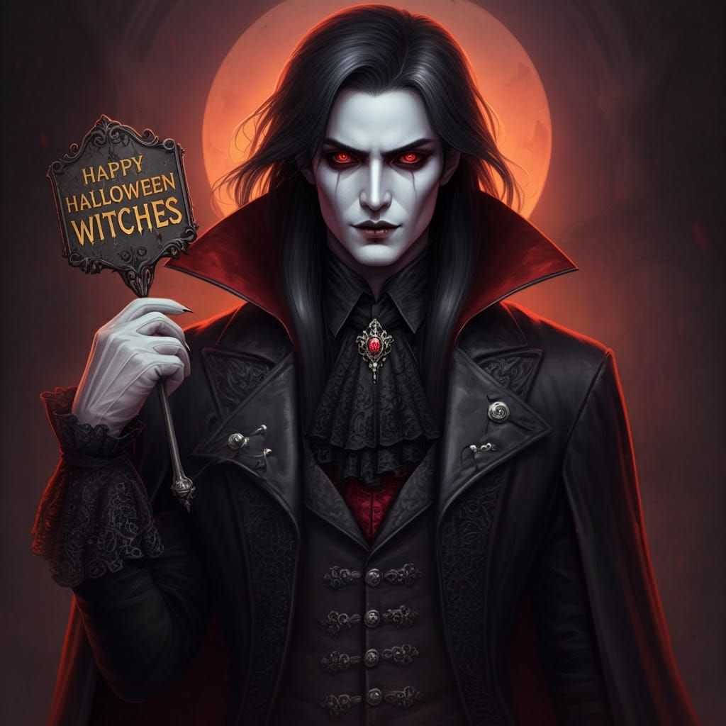 Enigmatic Vampire with Halloween Sign in Digital Art