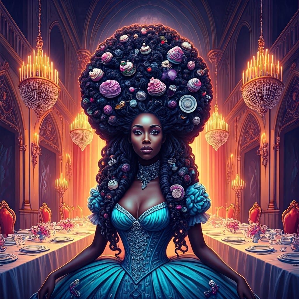 Elegant Black Woman with Towering Braids in Cartoon Castle