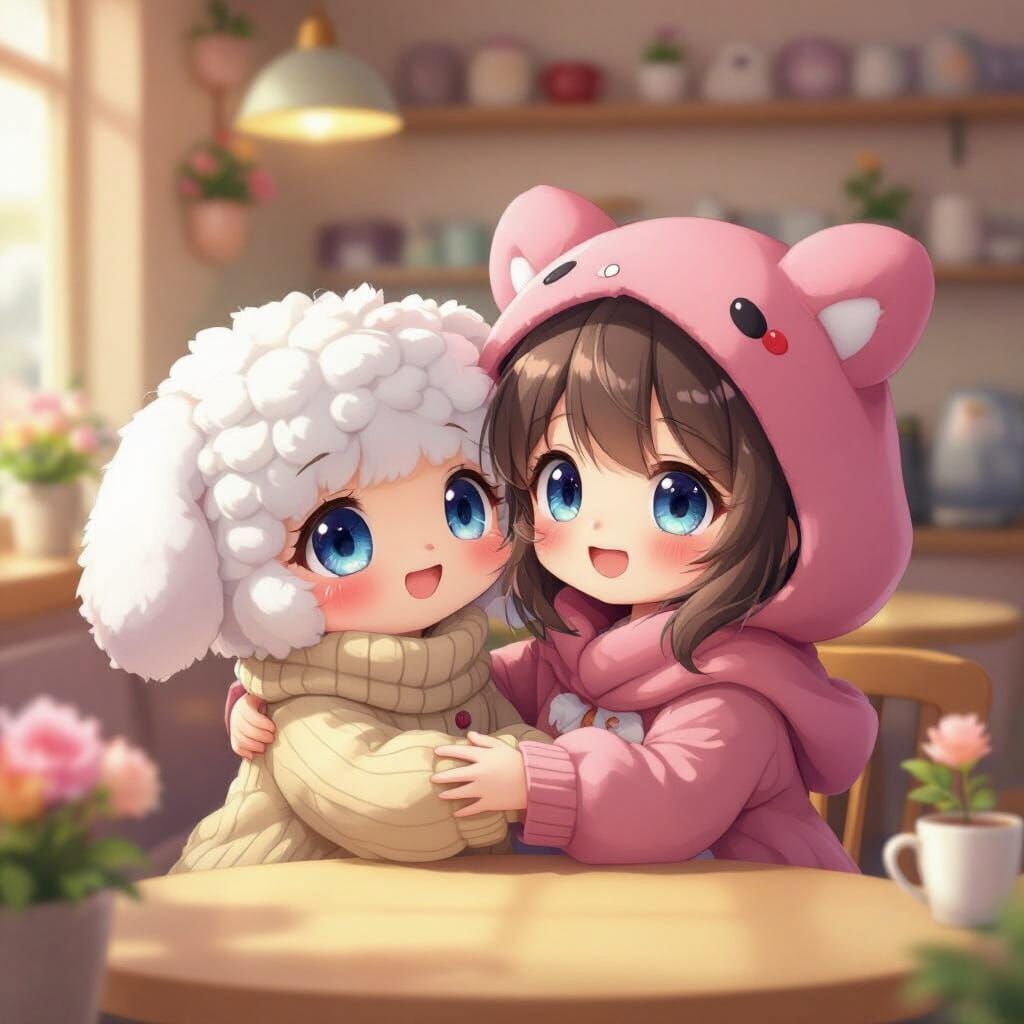 Anime Humans Cinammoroll & My Melody Hugging in Cafe