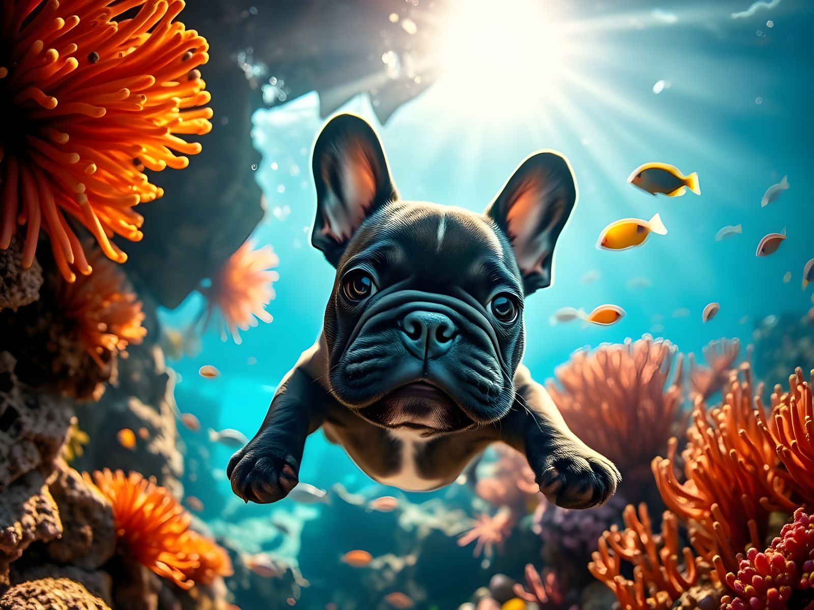 Hyper Realistic French Bulldog Puppy Underwater Scene