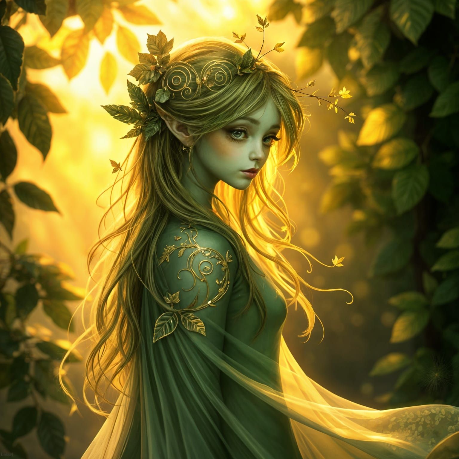 Whimsical Forest Fairy in Golden Accents
