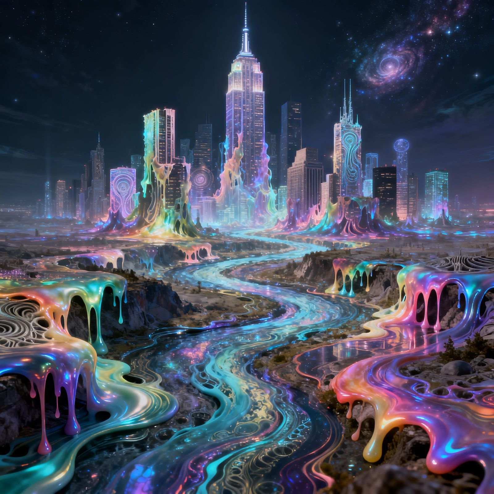 Majestic City Skyline Melts in Iridescent Colors