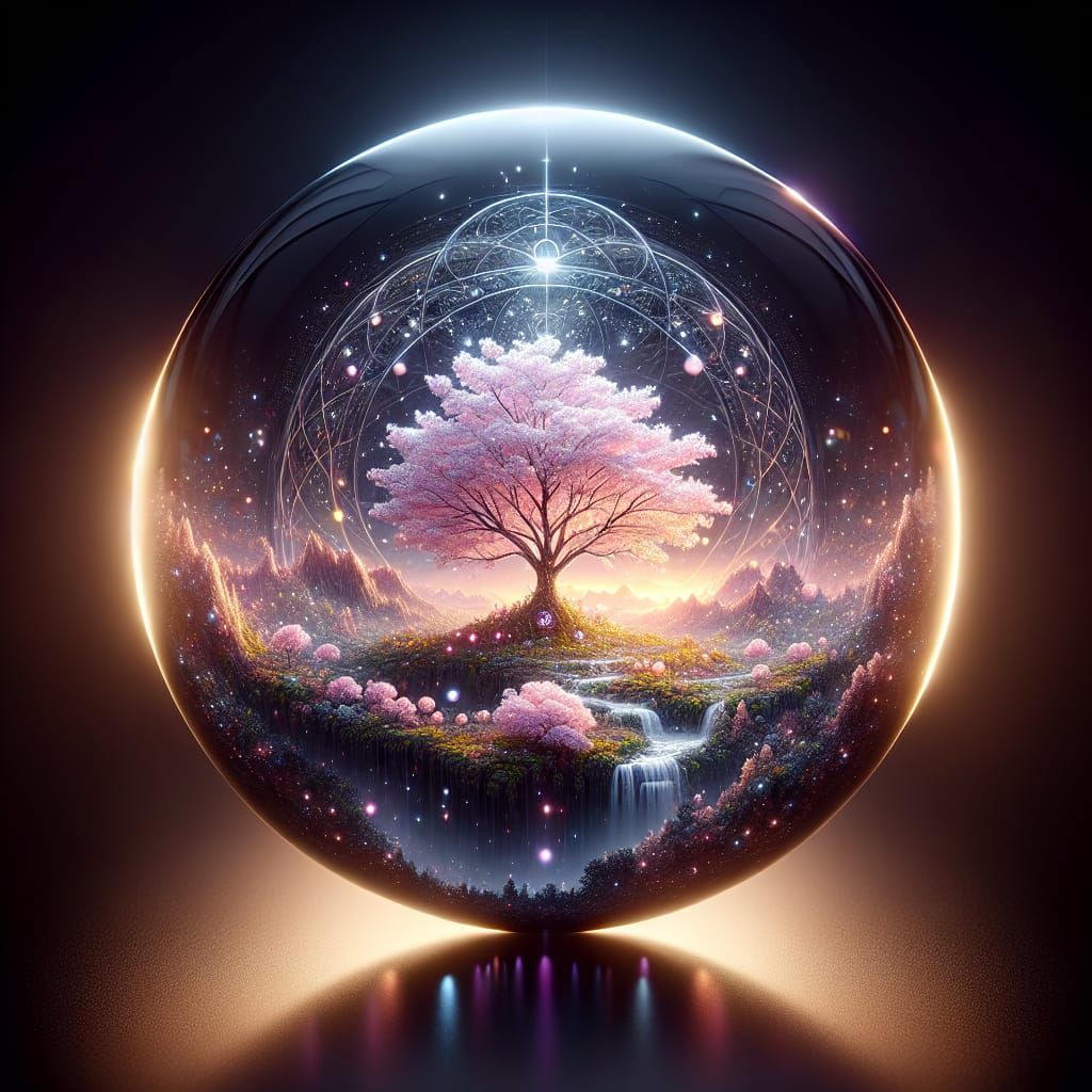 Radiant Cherry Blossom Tree in Hypermaximalist Glass Orb