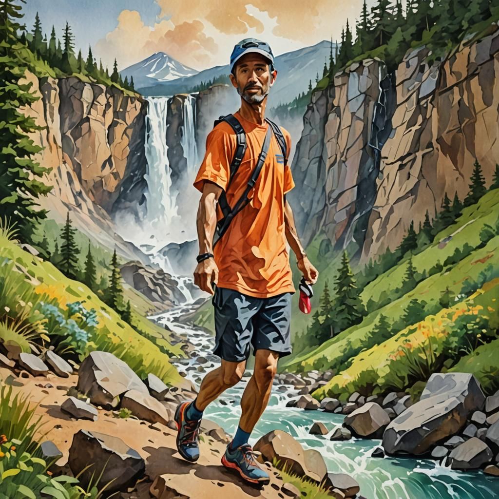 Trail Runner With Waterfall, in Gouache Watercolor Style