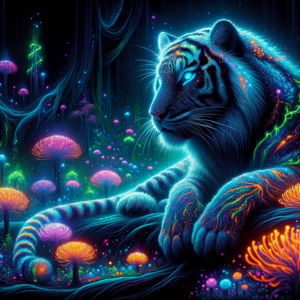 Glowing Tiger Roams Mystical Jungle in Neon Digital Art