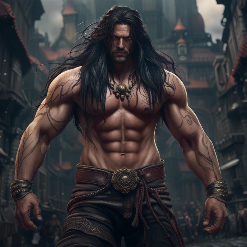 Muscular Man with Long Hair in Detailed Digital Painting