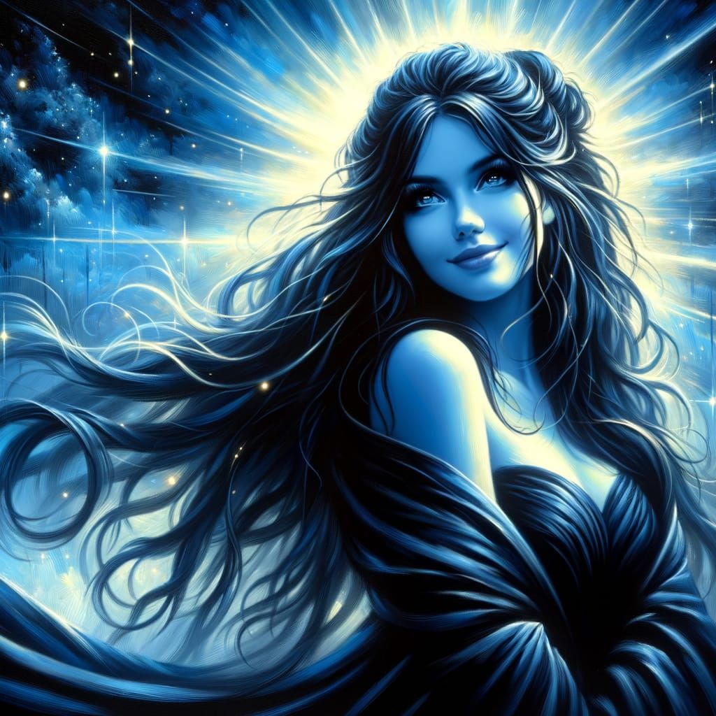 Nordic Moon Goddess in Romantic Black and Blue Hues