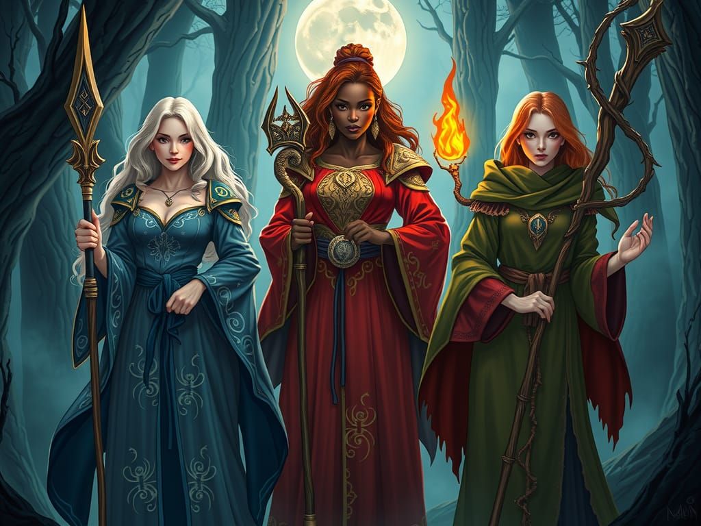 Mystical Forest: Three Mages Under Moonlight