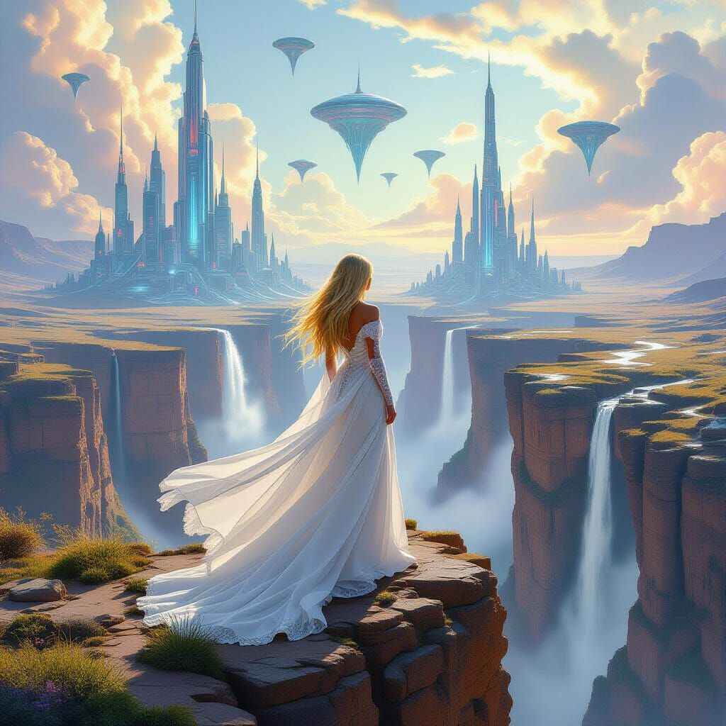 Woman Overlooking Alien Cityscape in Dreamlike Style